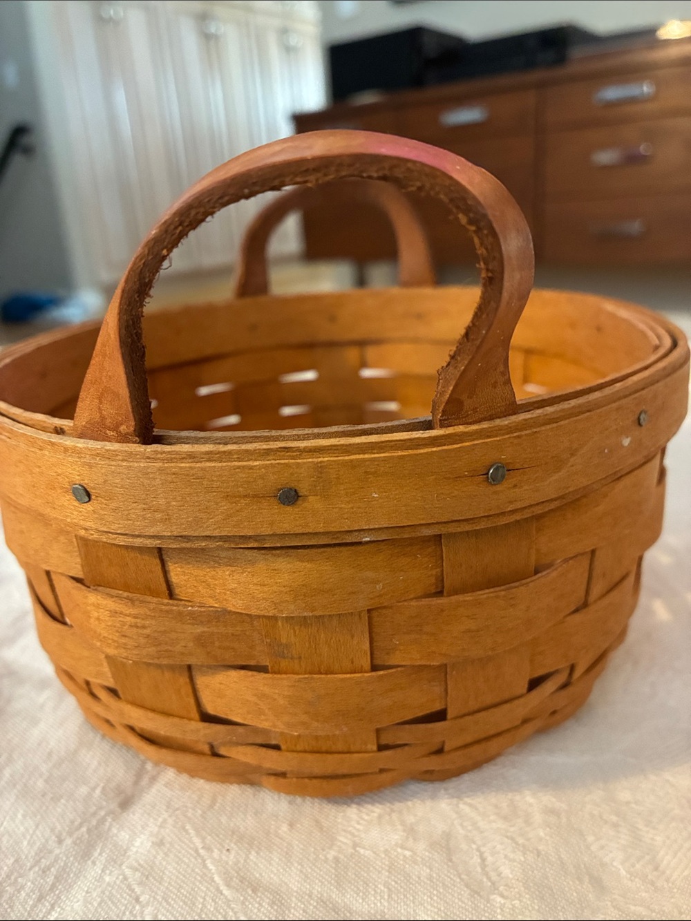 Longaberger Brown Woven Basket Leather Handles About 7x4 Made WELL In Ohio